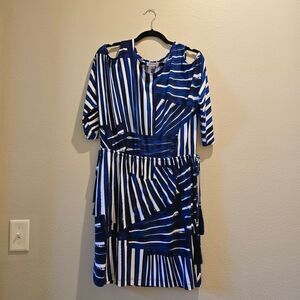 Calvin Klein Blue and White Geometric Long Sleeve Dress Sz 12